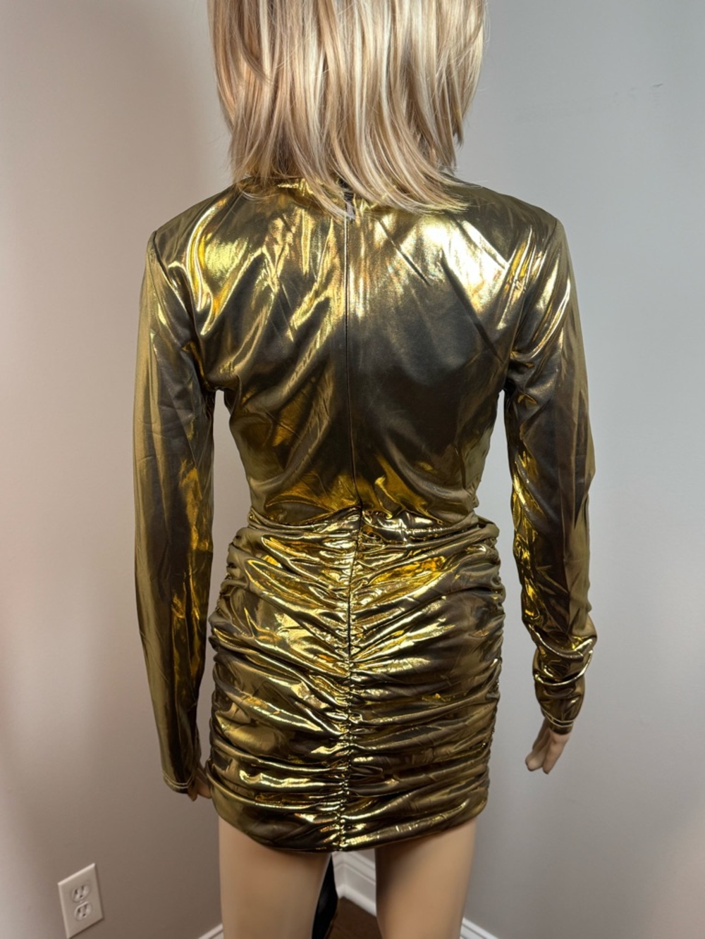 AKIRA Gold Metallic Ruched Cutout Mini Dress NWT Medium Party Dress - Picture 6 of 7